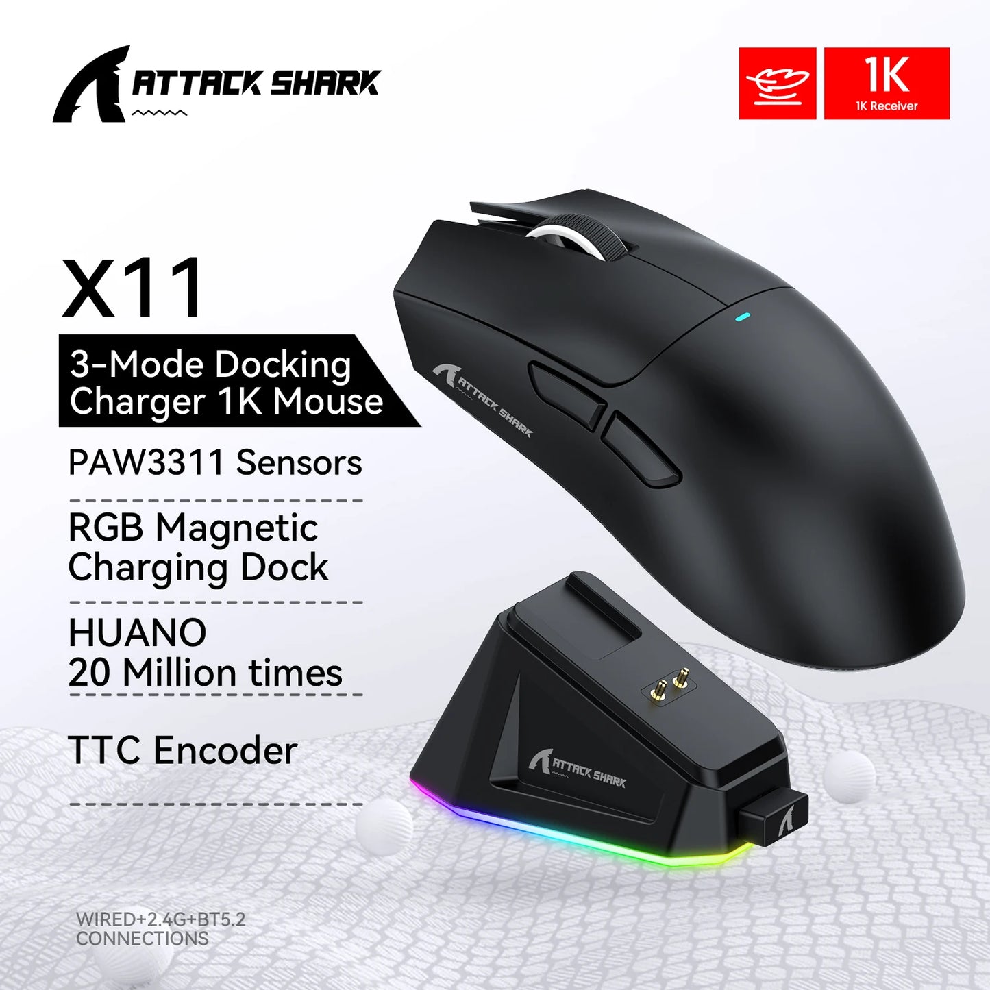 Ratón gaming ATTACK SHARK X11 y ratón inalámbrico X11 SE 22000 DPI, sensor PAW3311, BT/2.4G/con cable, ligero de 59g, 2000W clics