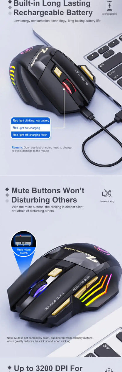 Vezeték nélküli Bluetooth egér, újratölthető számítógépes gamer egér, ergonomikus RGB háttérvilágítású, csendes egér PC-hez