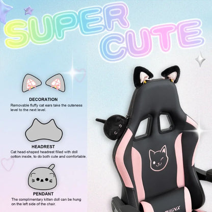 Cute Gaming Chair with Cat Ears, Pink Kawaii Ergonomic Gamer Chair with Footrest, Cat Paw Lumbar Support, High Back Computer Gaming Chair