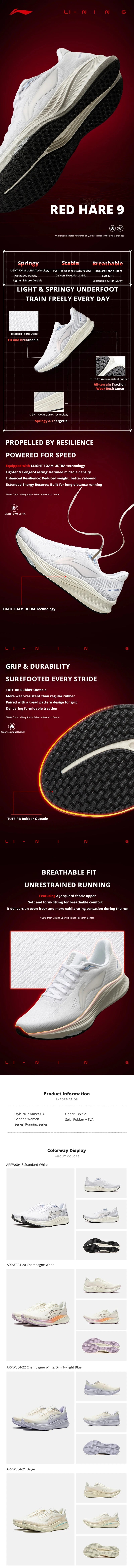 Li-Ning RED HARE 9 løbesko til kvinder LIGHT FOAM ULTRA, åndbare, stabile og skridsikre LiNing træningssneakers ARPW004