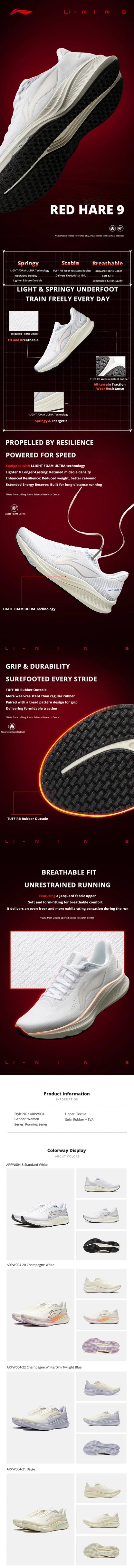 Li-Ning RED HARE 9 løbesko til kvinder LIGHT FOAM ULTRA, åndbare, stabile og skridsikre LiNing træningssneakers ARPW004