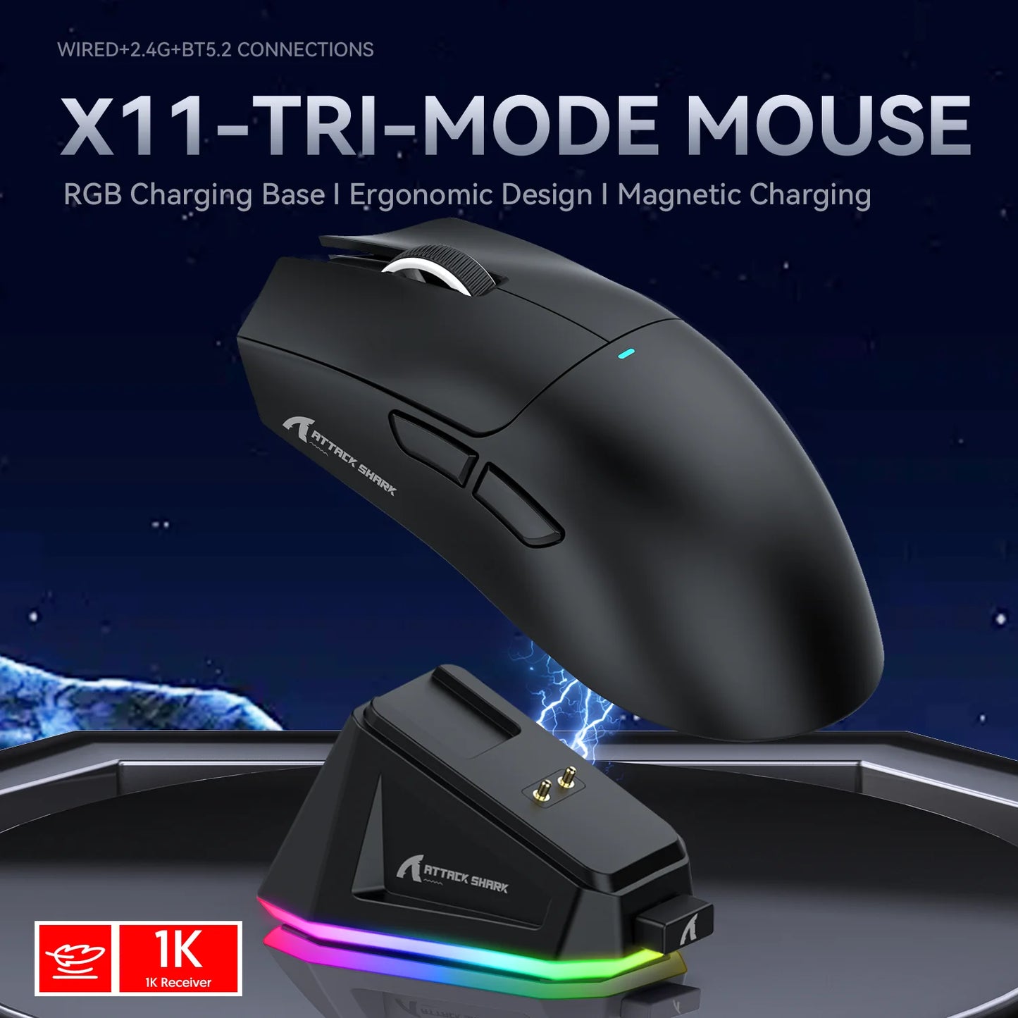 Attack Shark X11 hárommódú gaming egér mágneses töltődokkolóval, PixArt PAW3311 érzékelővel, 22K DPI, BT/2.4Ghz/vezetékes, PC/MAC-hez