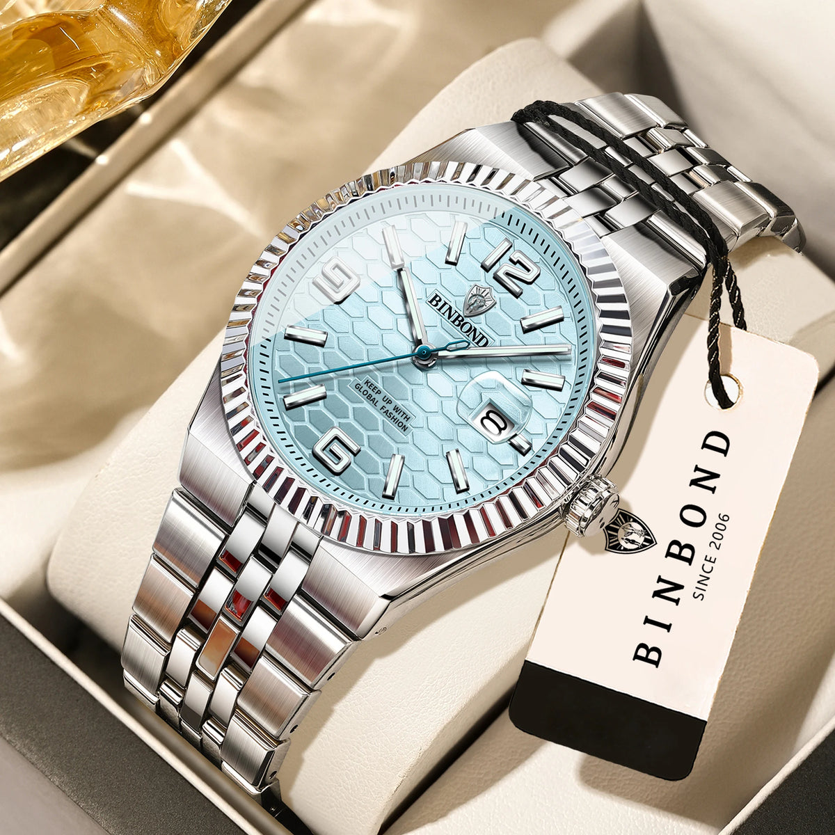 Luxus-Quarz-Armbanduhr von BINBOND, beleuchtet, wasserdicht, mit automatischem Datumsanzeige, für Herren, aus Edelstahl, im Business-, Sport-, Mode- und Freizeit-Stil.
