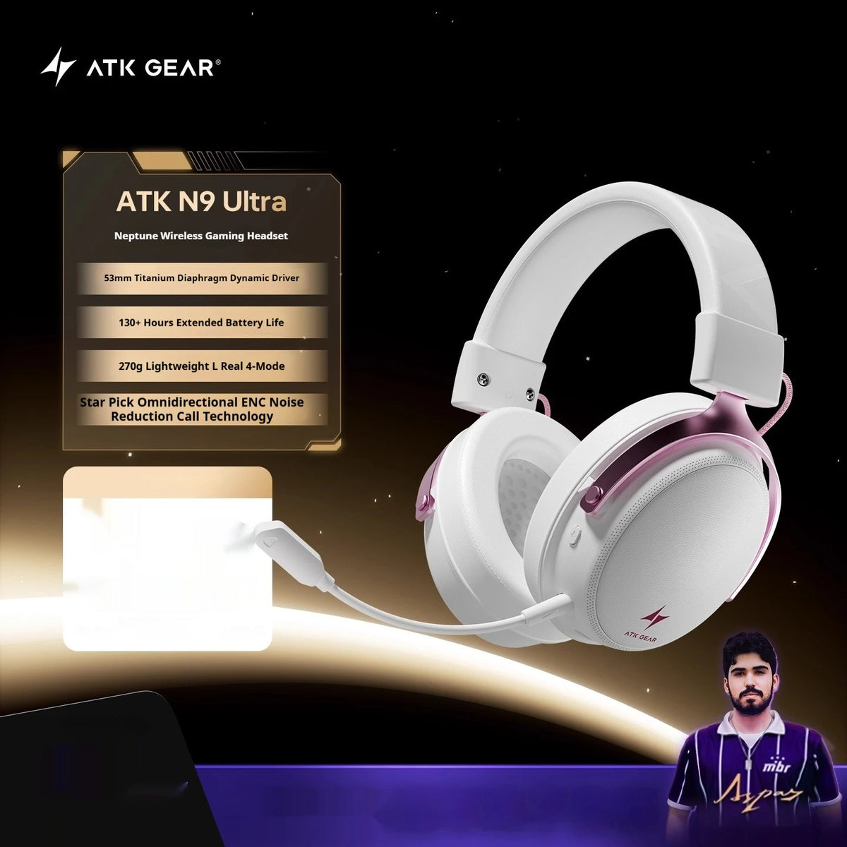 Nouveau casque de jeu sans fil ATK N9, écouteurs à quatre modes avec haut-parleur dynamique de 53 mm, son spatial 3D, casque audio Hi-Fi, cadeau.