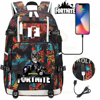 Ultima Knight F-Fortnited Battle Royale Backpack with USB Charging Anime Figures Study Stationery Compartment for Students