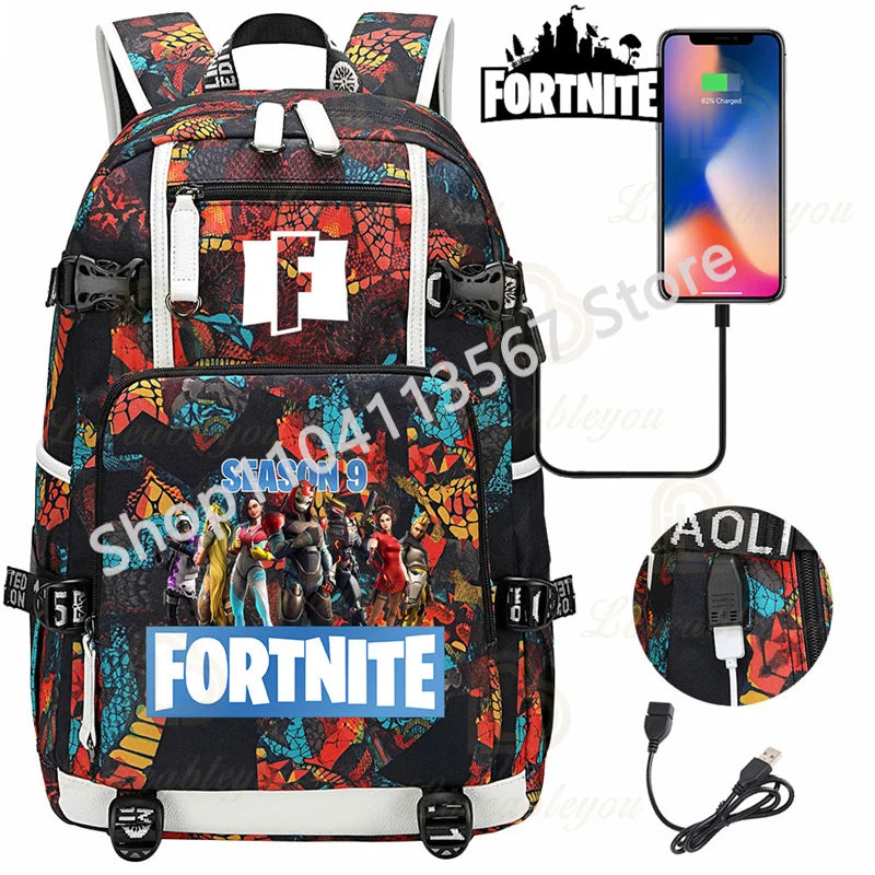 Ultima Knight F-Fortnited Battle Royale Backpack with USB Charging Anime Figures Study Stationery Compartment for Students