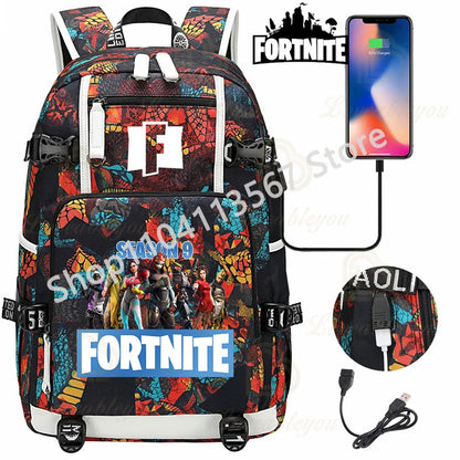 Ultima Knight F-Fortnited Battle Royale Backpack with USB Charging Anime Figures Study Stationery Compartment for Students