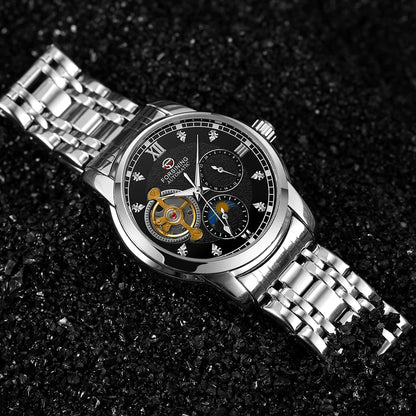 Pánské mechanické hodinky s automatickým nátahem značky Forsining – luxusní, businessový a módní styl, kovový náramek, tourbillon, luminiscenční ručičky, zdobené umělými diamanty