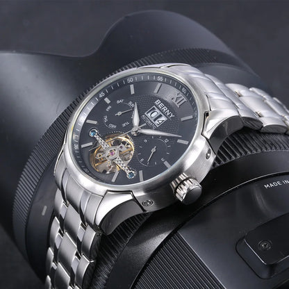BERNY Automatic Watch for Men Auto Self-wind Mechanical Watches Date Skeleton 5ATM Luxury Male Wristwatches