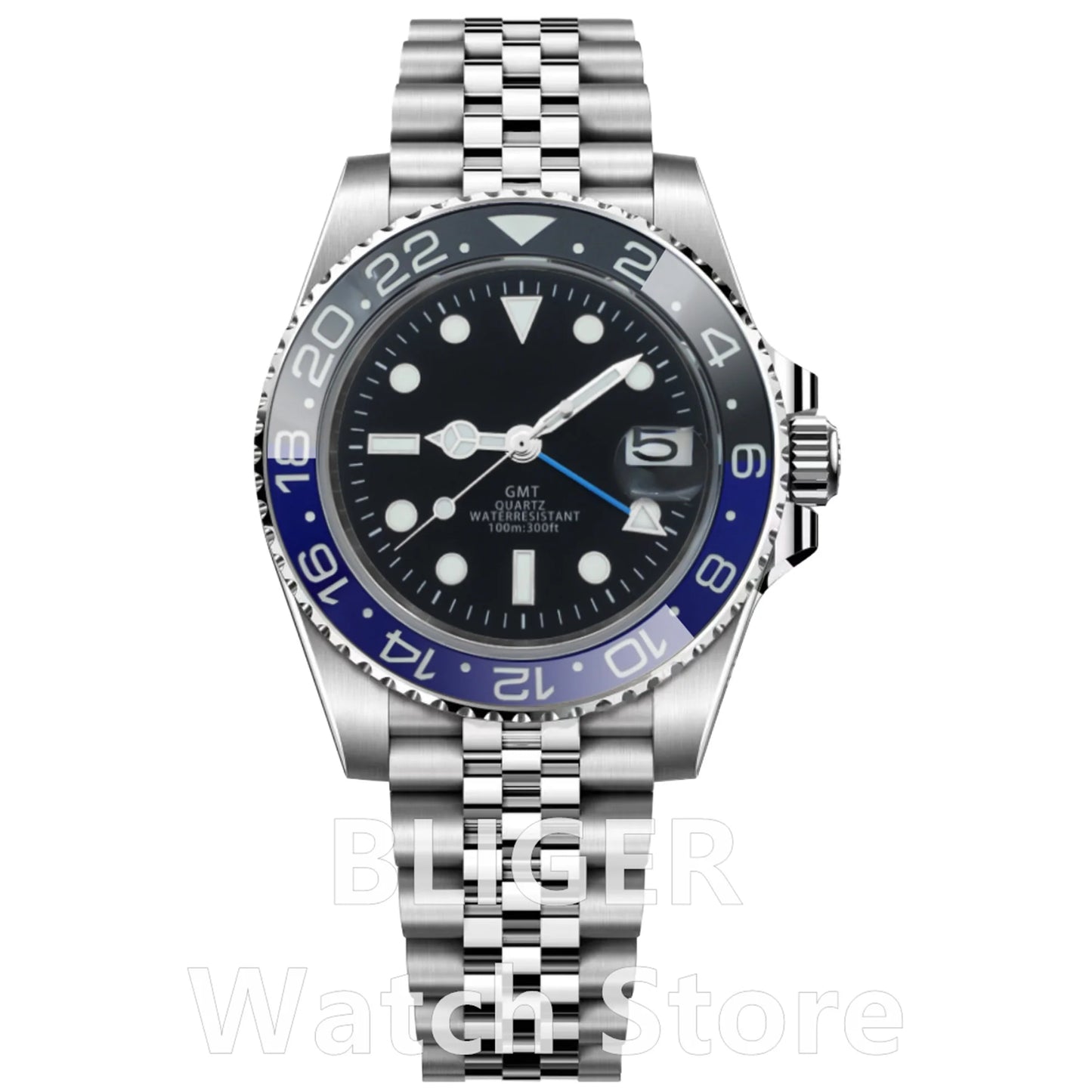 BLIGER 40mm 515 24H GMT Men's Watch Stainless Steel Clasp Luminous Quartz Movement Ceramic Bezel Sapphire Glass 10Bar Waterproof