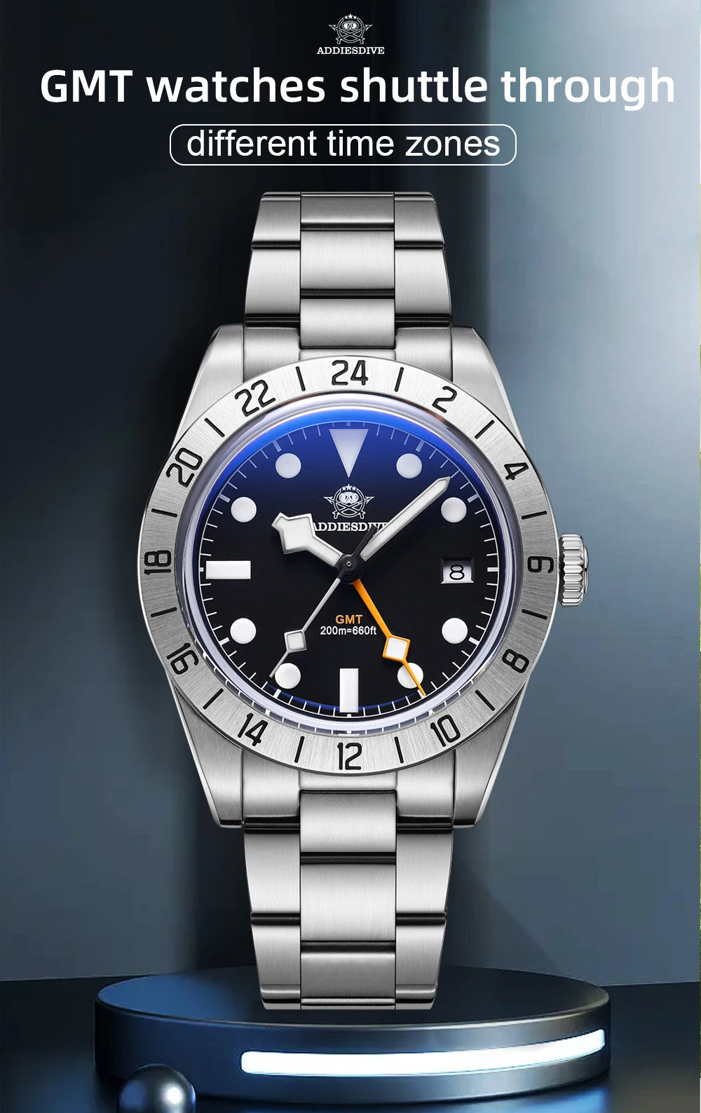 ADDIESDIVE New Luxury Men's Watch 200 Waterproof Stainless Steel Quartz Watch BGW9 Super Blue Luminous GMT Stainless Steel Watch