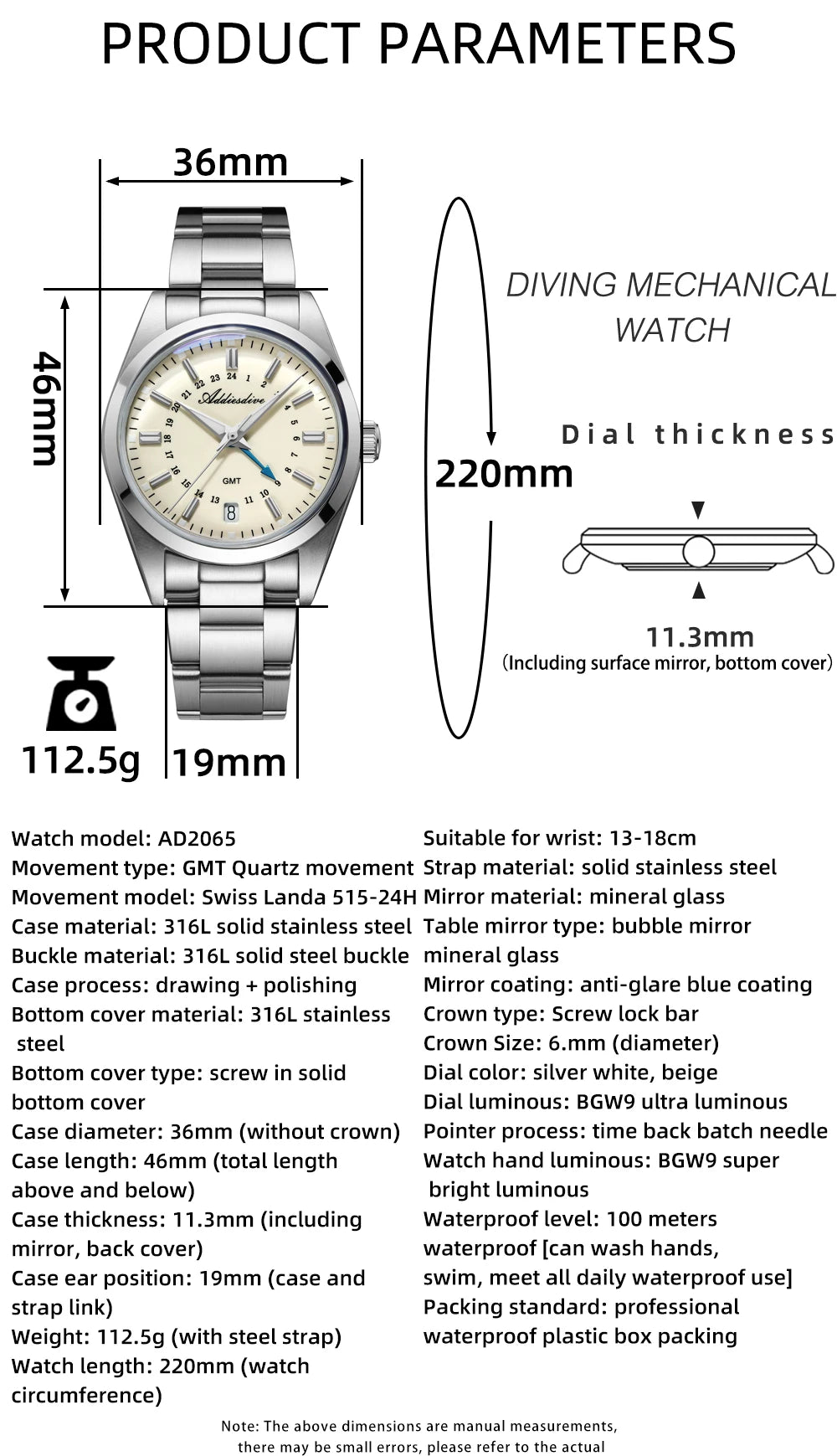 ADDIESDIVE 36mm Men's Analog Watch GMT 515-24H Watch BGW9 Luminous 100m Waterproof Stainless Steel Men's Quartz Watches AD2065