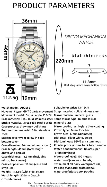 ADDIESDIVE 36mm Men's Analog Watch GMT 515-24H Watch BGW9 Luminous 100m Waterproof Stainless Steel Men's Quartz Watches AD2065