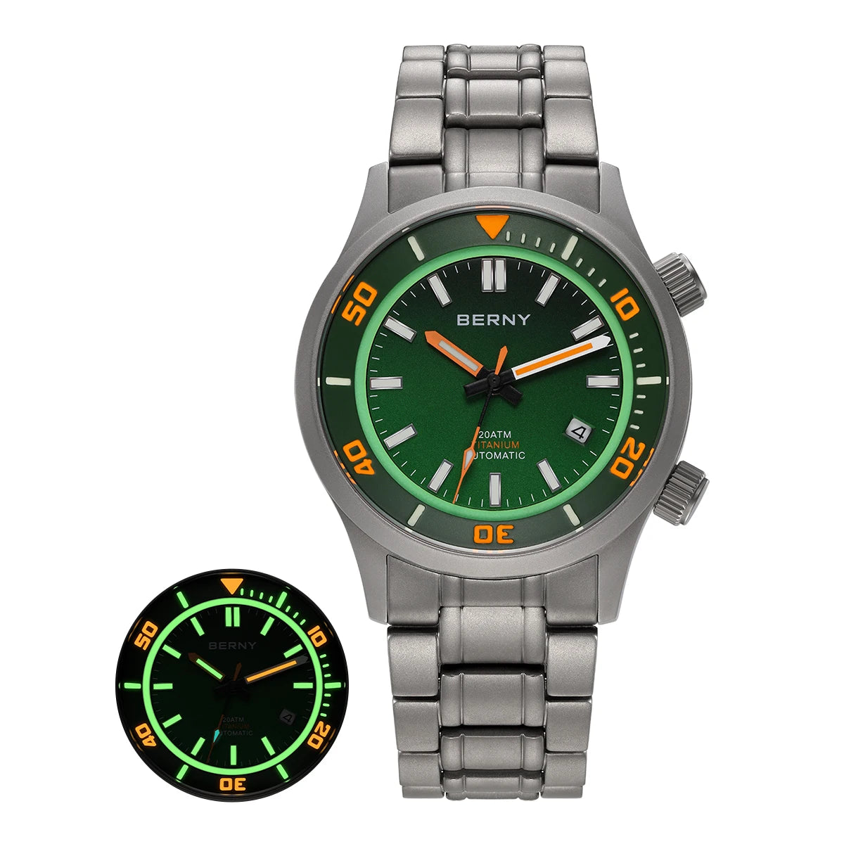 BERNY Automatic Full Titanium Diver Watch For Men Supper Luminous Sappire AR Coated Miyota 8215 Dual Crown Mechanical Dive Watch
