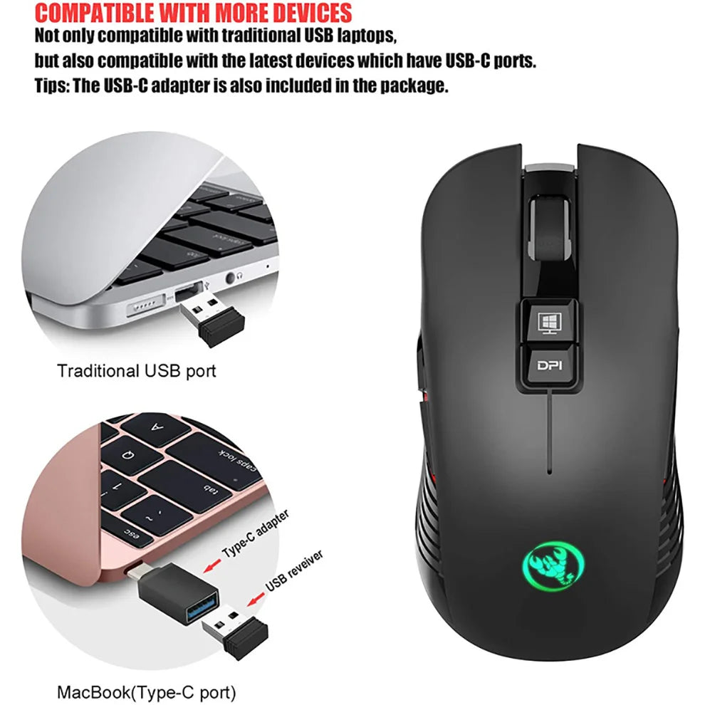 Ασύρματο ποντίκι USB-C 2.4G, επαναφορτιζόμενο gaming ποντίκι 3600DPI με 7 κουμπιά, αθόρυβο ποντίκι Type-C για Macbook, laptop, PC, παιχνίδια και υπολογιστή