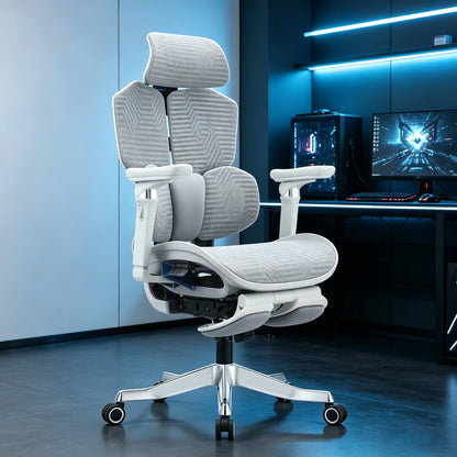 Chaise de bureau ergonomique de gaming à dossier haut en mesh noir, avec accoudoirs réglables 6D, inclinable et repose-pieds, pour le bureau et le gaming