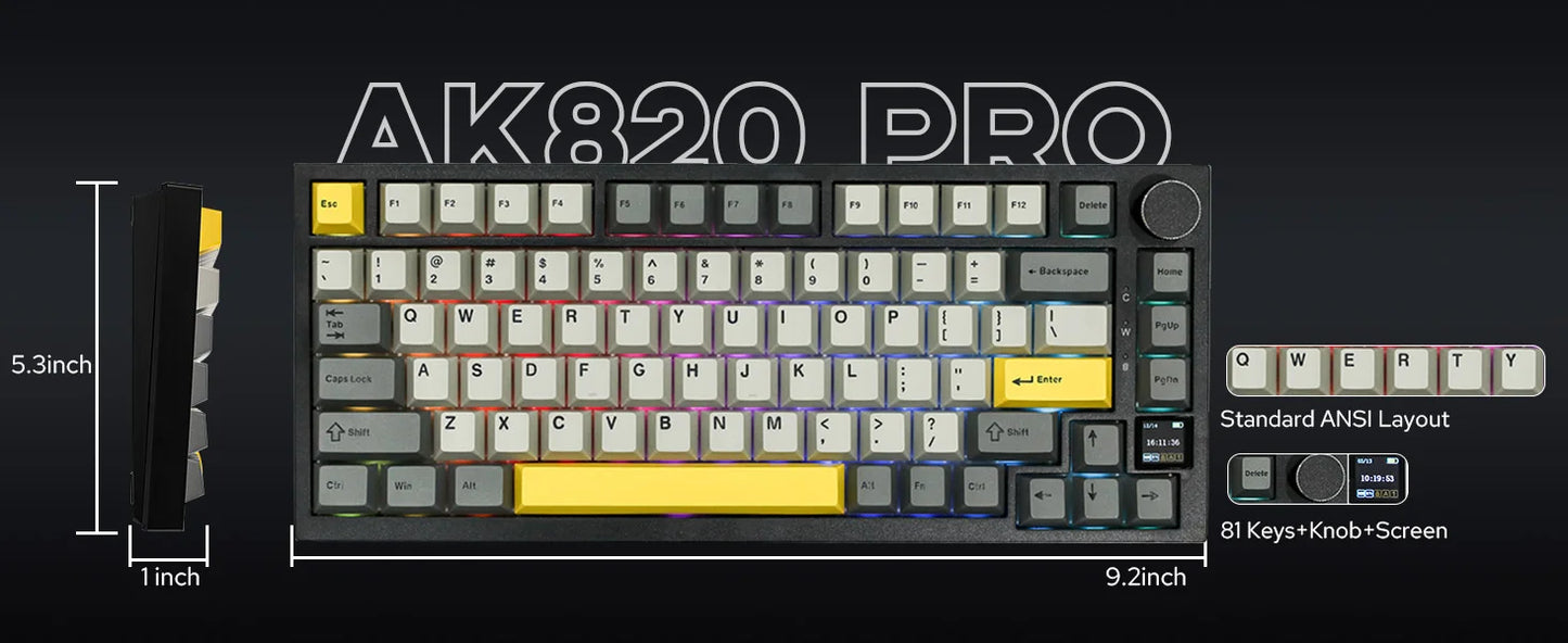 Ajazz AK820 Pro 75% Gasket-mounted Wired/Bluetooth 5.1/2.4G Wireless Mechanical Keyboard with TFT Screen for Win/Mac