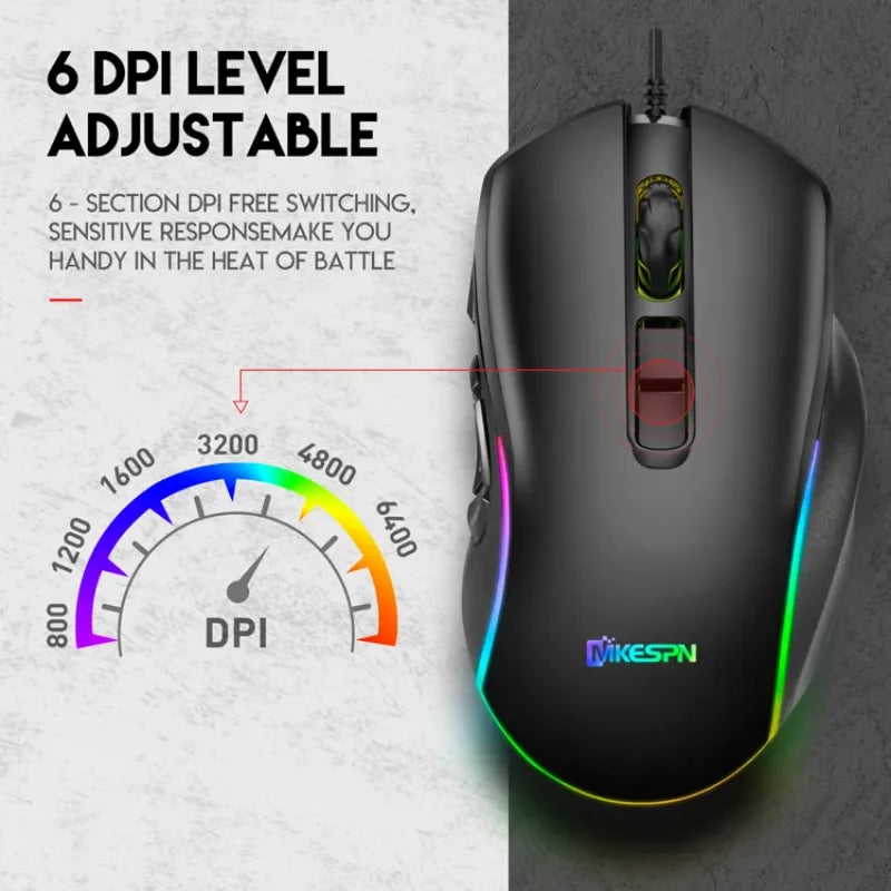 Vezetékes gamer irodai egér 7200DPI RGB háttérvilágítással, 6 állítható DPI-szinttel/10 programozható gombbal/asztalra visszalépő gombbal