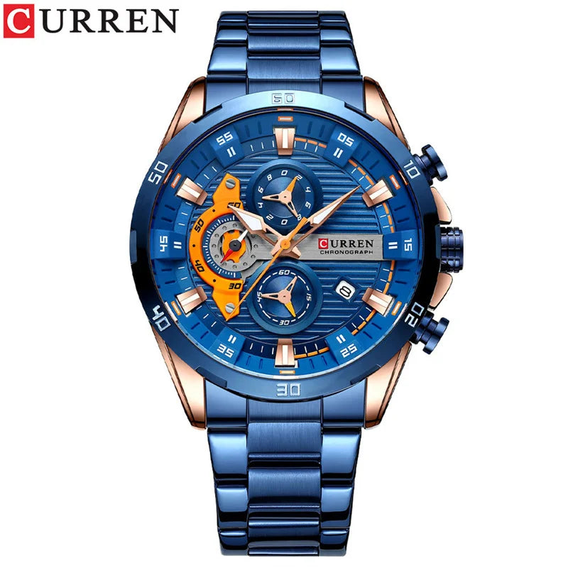 Orologio da uomo di lusso CURREN 8402, nuovo, in acciaio inossidabile, impermeabile, con cronografo e illuminazione notturna.