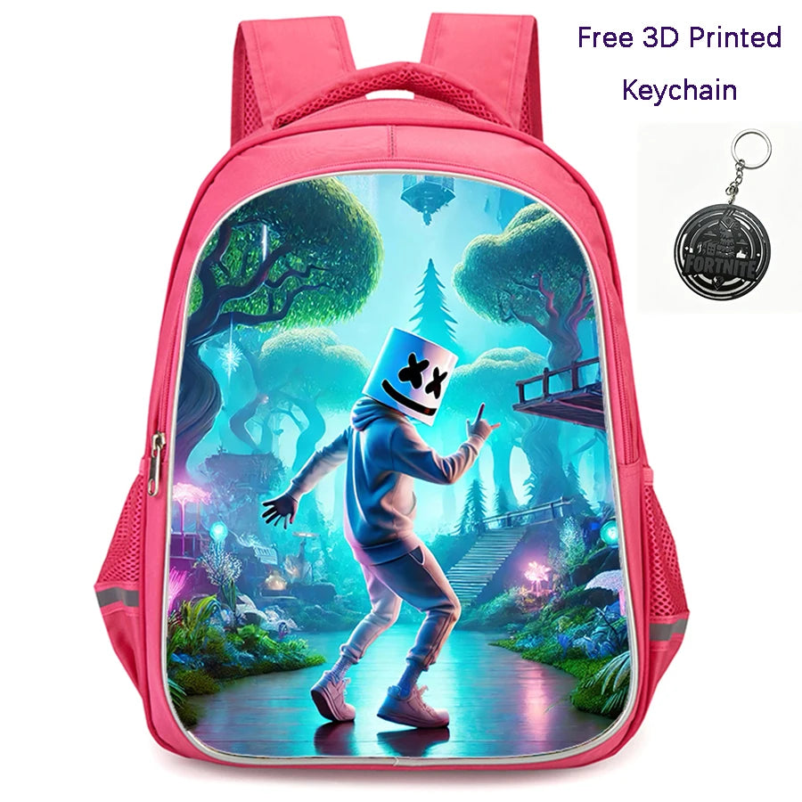 Mochila FORTNITE de 16 polegadas, resistente e leve, bolsos duplos com fecho, estilo cartoon para rapazes e raparigas dos 6 aos 10 anos, porta-chaves 3D impresso grátis
