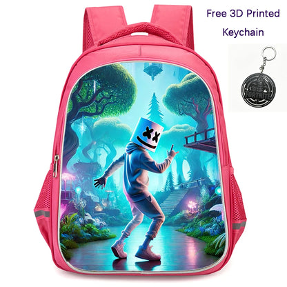Mochila FORTNITE de 16 polegadas, resistente e leve, bolsos duplos com fecho, estilo cartoon para rapazes e raparigas dos 6 aos 10 anos, porta-chaves 3D impresso grátis