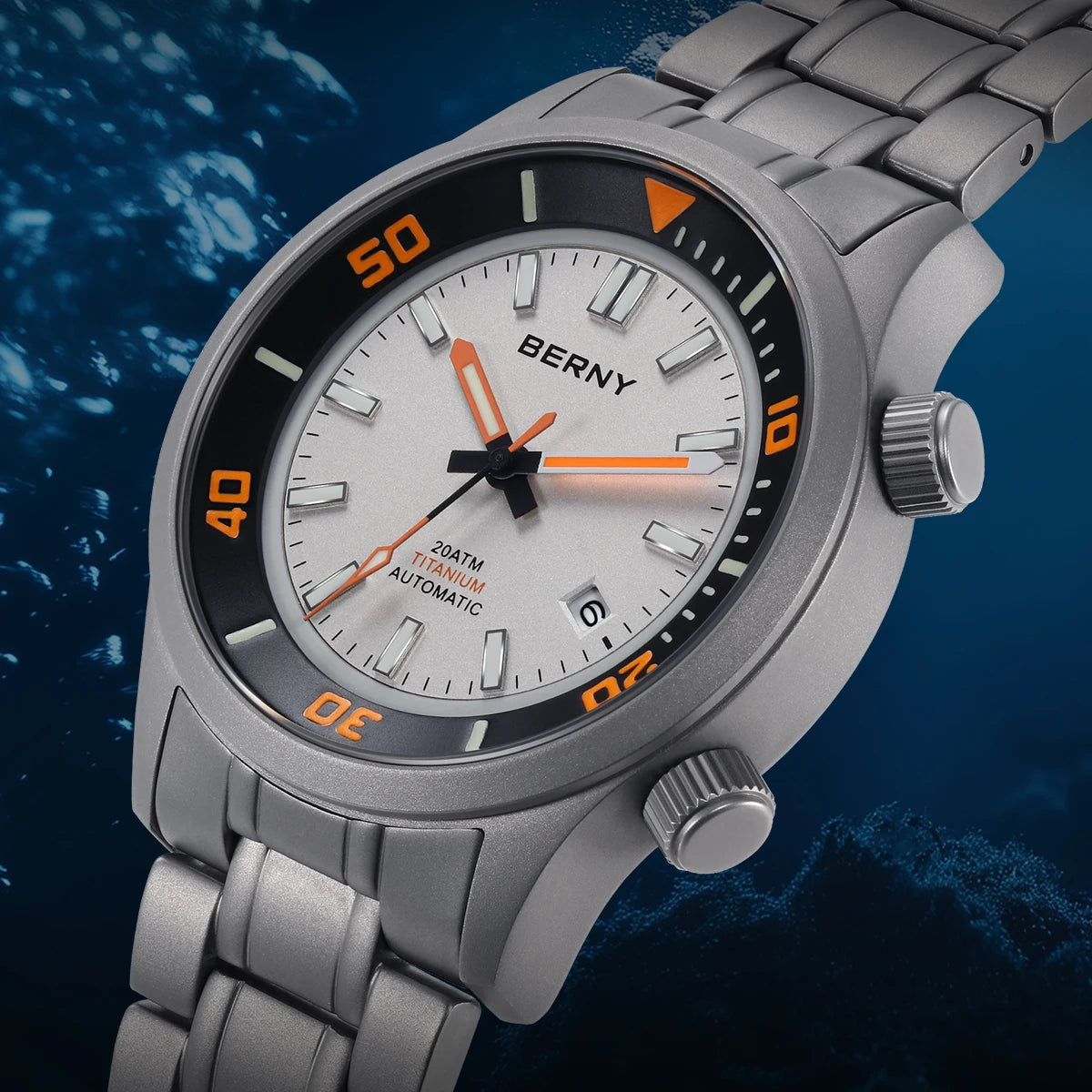 BERNY Automatic Full Titanium Diver Watch For Men Supper Luminous Sappire AR Coated Miyota 8215 Dual Crown Mechanical Dive Watch
