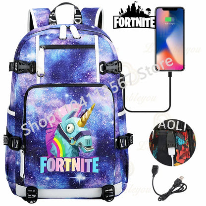 Ultima Knight F-Fortnited Battle Royale Backpack with USB Charging Anime Figures Study Stationery Compartment for Students