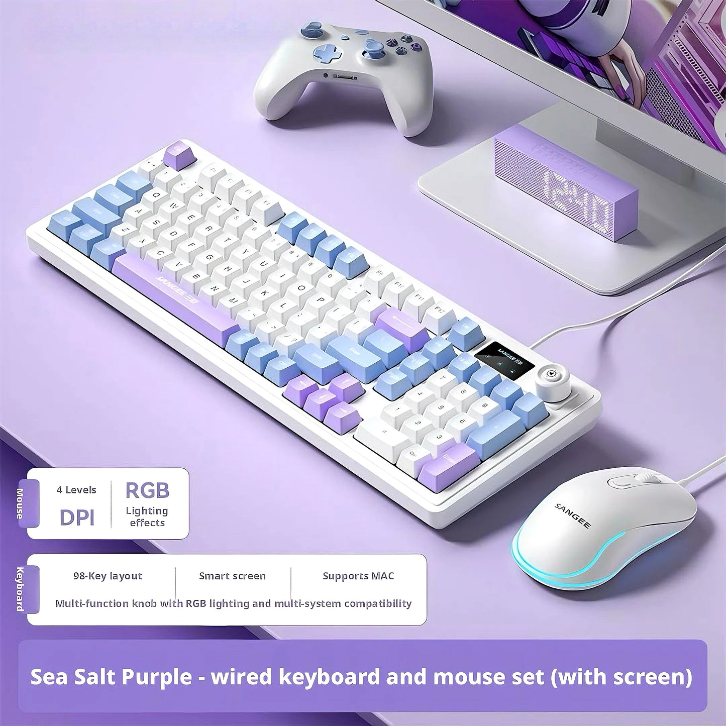 RGB 98Key Silent Keyboard and Mouse Set Wired Mechanical Feel with Screen Display Gaming Office Combo for PC Laptop Desktop
