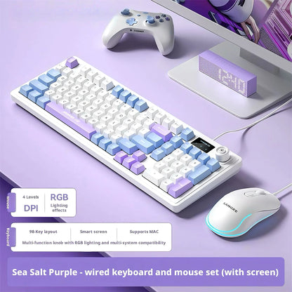 RGB 98Key Silent Keyboard and Mouse Set Wired Mechanical Feel with Screen Display Gaming Office Combo for PC Laptop Desktop