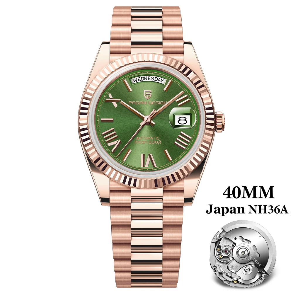 PAGANI DESIGN 2026 New Gold Green 40MM Date Week Men's Watches Automatic Watch Men AR Sapphire Glass NH36A Mechanical Wristwatch