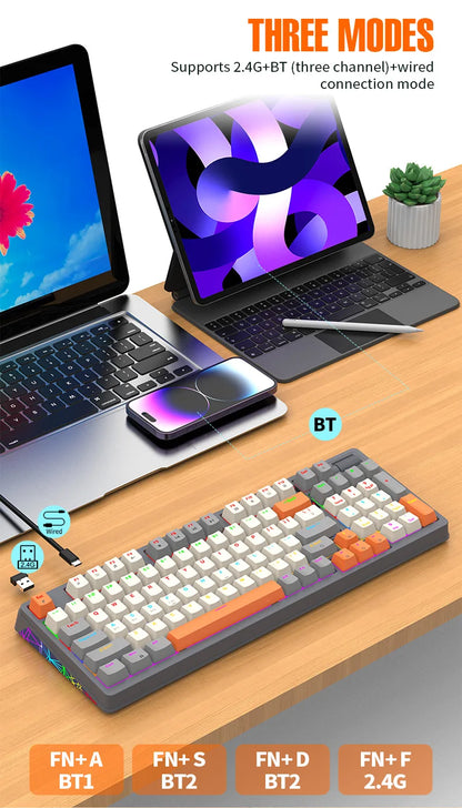 Wireless Mechanical Keyboard 96 Keys 100% Layout Spanish Russian Korean Arabic Mechanical Keyboard Bluetooth RGB K95 2000mAh