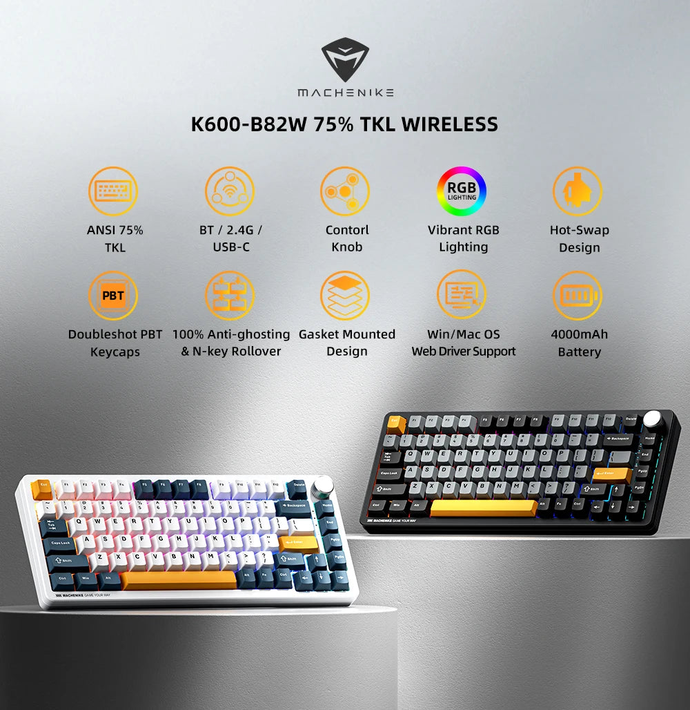 Machenike K600-B82W Mechanical Keyboard Tri-Modes Gasket Mounted 75% ANSI Layout  RGB Backlit Wireless Gaming Keyboard