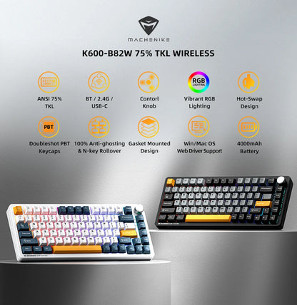 Machenike K600-B82W Mechanical Keyboard Tri-Modes Gasket Mounted 75% ANSI Layout  RGB Backlit Wireless Gaming Keyboard