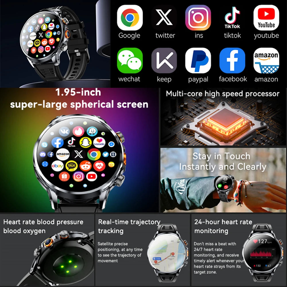 8GB+128GB RAM 5G/4G Smart Watch 1.95 inch AMOLED 1880mah Battery 500W Camera GPS WIFI Google APP Download Smartwatch Android 9.0