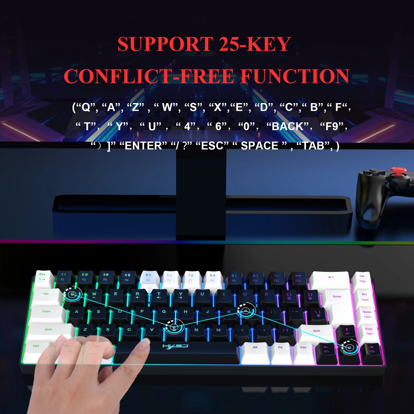 68 Keys Gaming Keyboard USB Wired Portable 20 RGB Backlight Keyboard Black and White Keycaps for Windows Laptops Computer