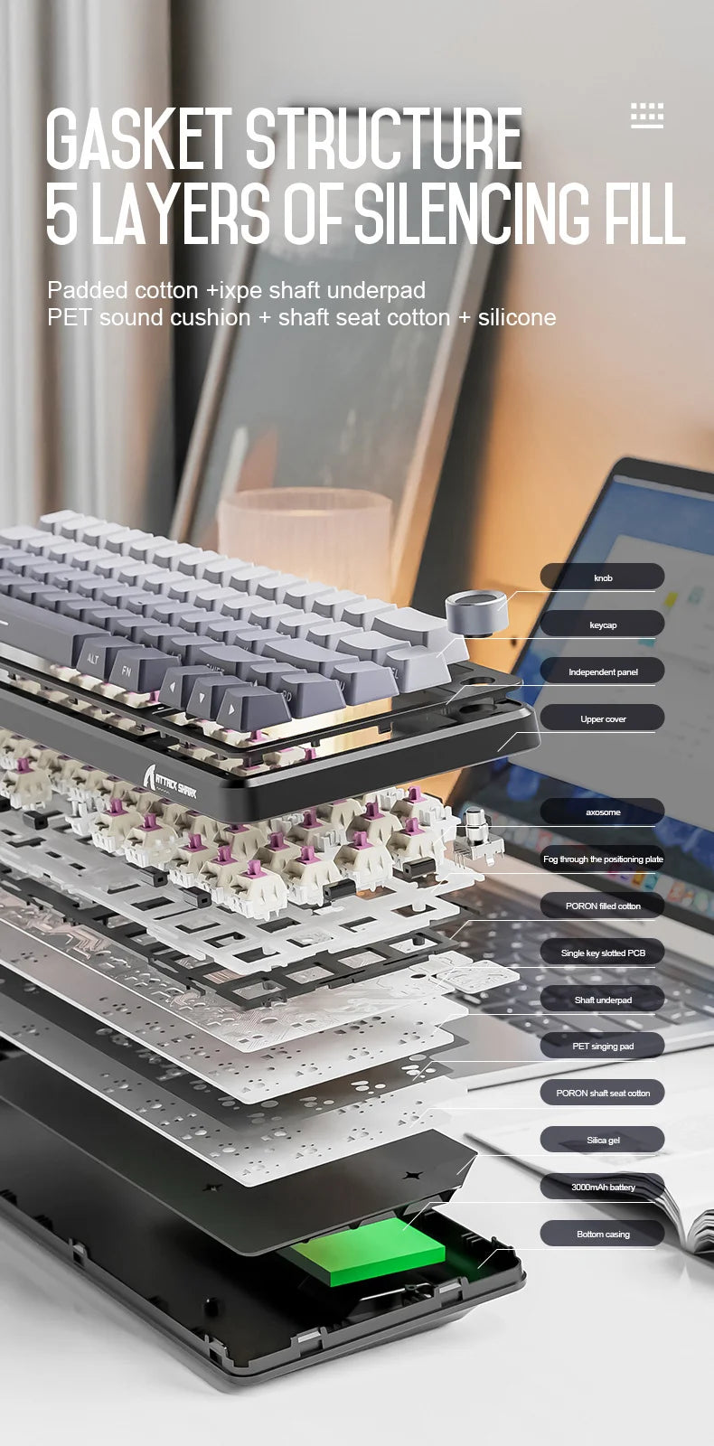 Attack Shark X66 Wireless Mechanical Keyboard 65% Compact Layout RGB Backlight Gasket Hot Swap Bluetooth USB-C PBT Large battery