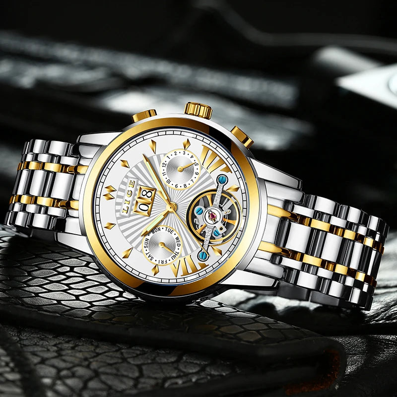 LIGE automatische mechanische polshorloges voor heren – Luxe horloge uit het topsegment met tourbillon, elegant en waterdicht model, ideaal voor op het werk of formele gelegenheden.