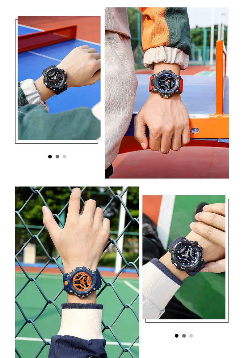 SMAEL 8075 Men's Analog Digital Dual Display Sport Watch - 50M Waterproof LED Backlight Dual Time Alarm Chronograph Stopwatch