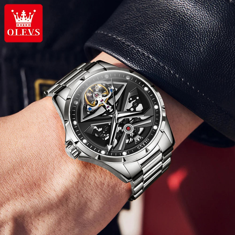 OLEVS 6655 men’s watch, fully automatic skeleton model; luxury mechanical wristwatch, luminous and water-resistant.