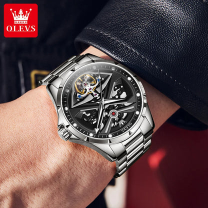 OLEVS 6655 men’s watch, fully automatic skeleton model; luxury mechanical wristwatch, luminous and water-resistant.
