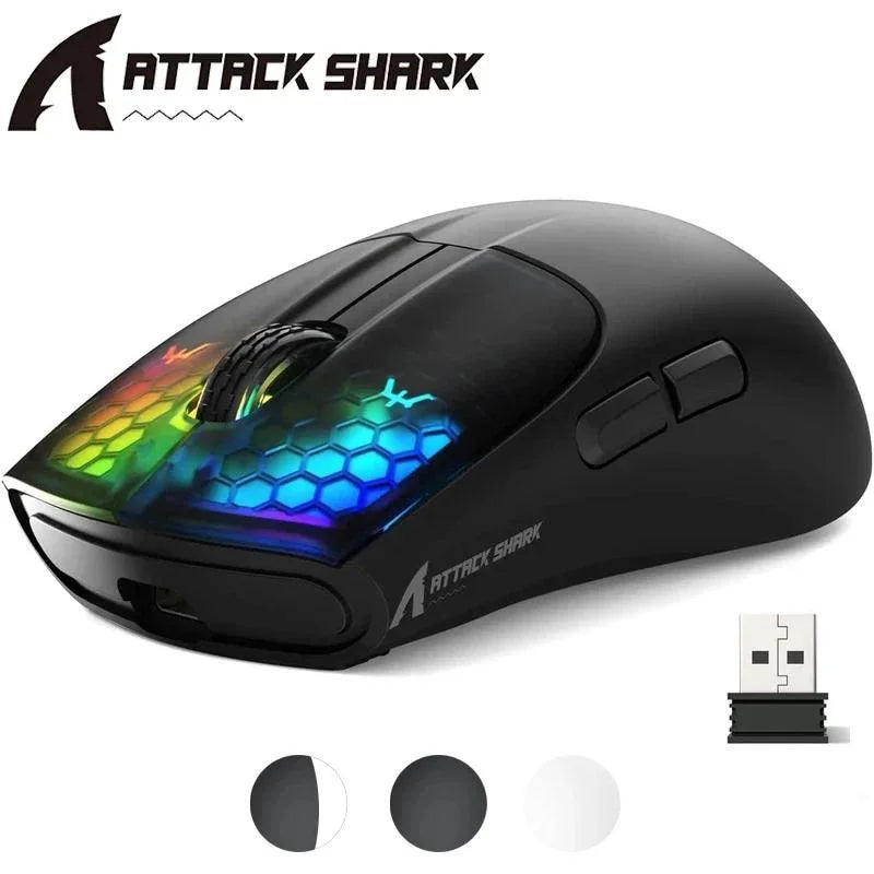 Rato Gaming ATTACK SHARK X5 Sem Fios Leve com Ligação Tri-Mode 2.4GHz/Com Fio/Bluetooth, RGB e Macro