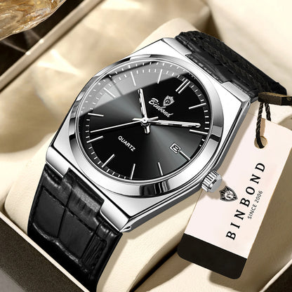 BINBOND luxury quartz wristwatch for men – Water-resistant, luminous, with automatic date – Professional, sporty, trendy and casual styles – Leather strap
