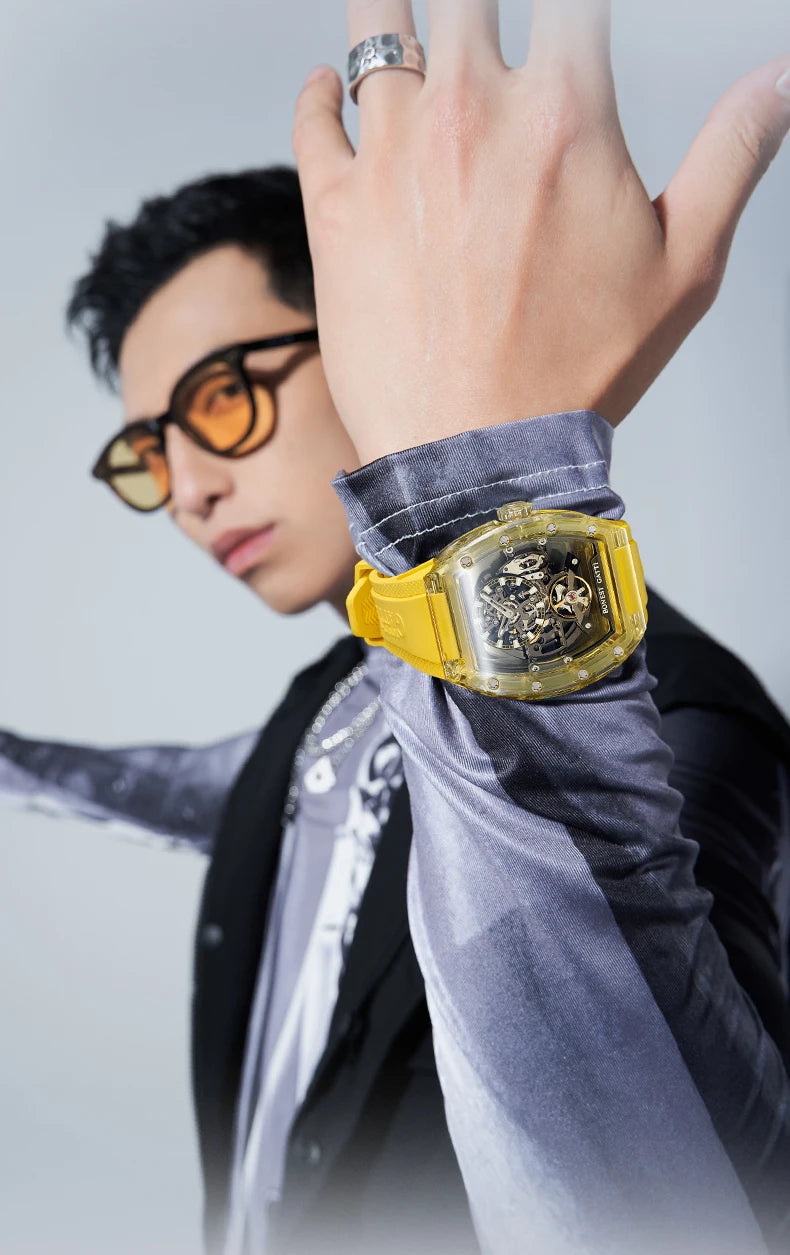 BONEST GATTI New Fully Automatic Men Watch Skeleton Mechanical Watch Rubber Black Band Luminous Barrel Shaped Men Watch