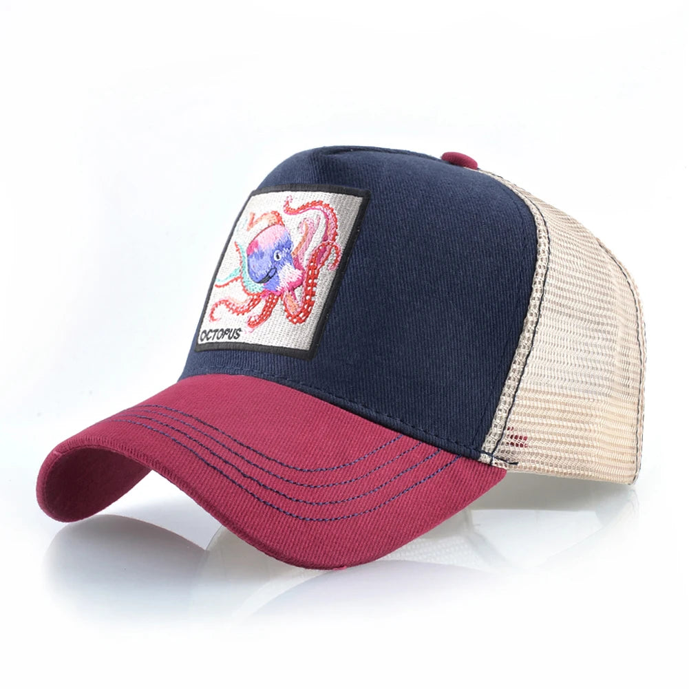 Casquette de baseball unisexe avec écusson pieuvre pour hommes et femmes – Casquettes trucker à fermeture à pression quatre saisons – Casquette de sport décontractée et respirante pour les activités de plein air