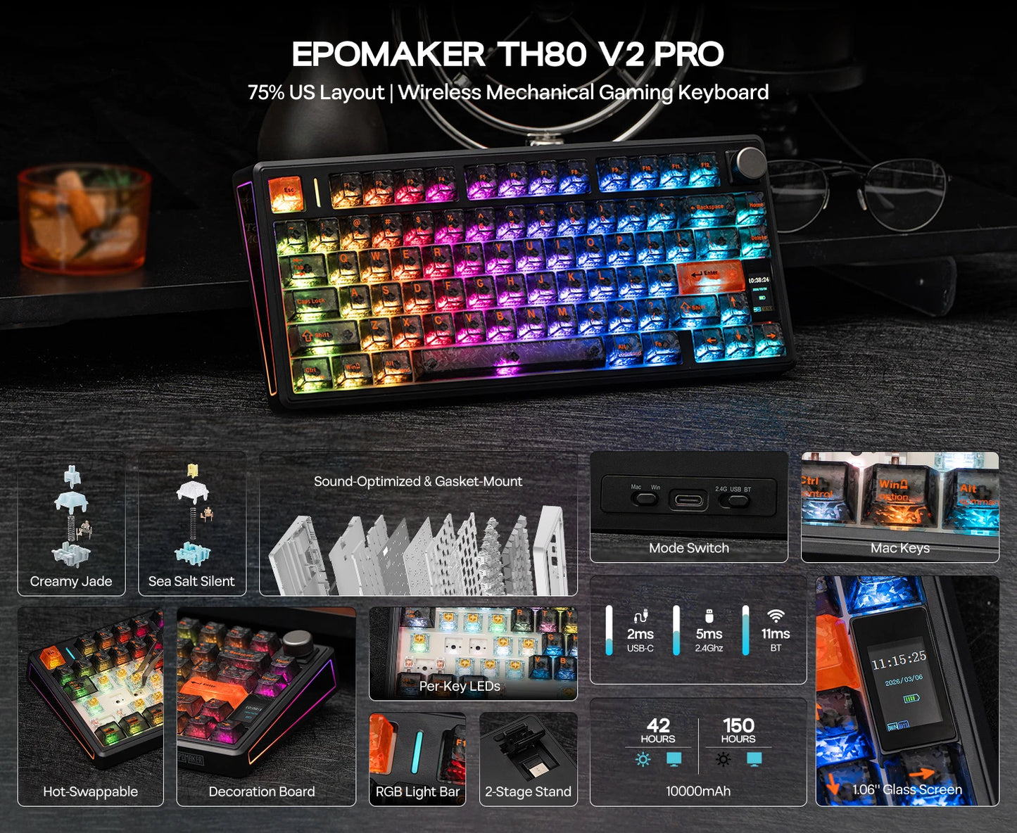 EPOMAKER TH80 V2 PRO 75% ANSI US Layout Wired/Bluetooth/2.4Ghz Wireless Mechanical Gaming Keyboard with Screen/ Knob & 10000mAh