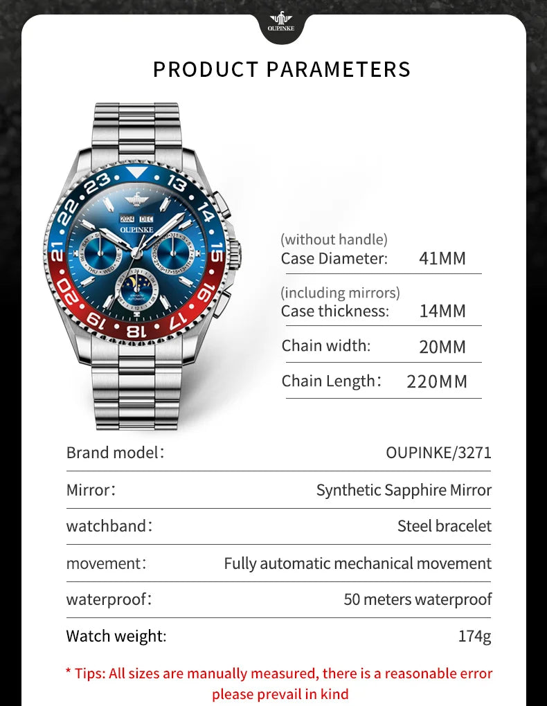 OUPINKE Fashion Mens Watches Top Brand Luxury Business Sport Watch Multifunction Automatic Mechanical Men Clock Waterproof Reloj