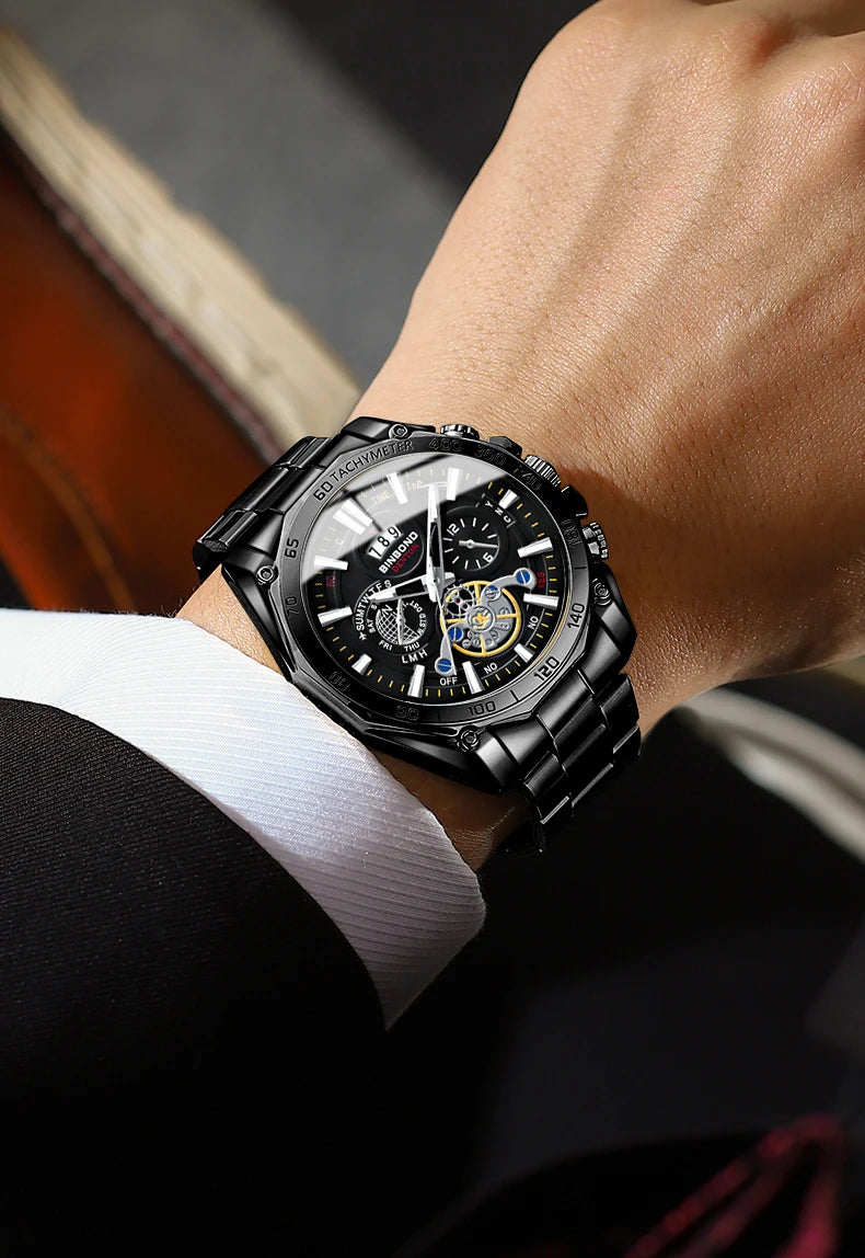 BINBOND luxury quartz watches for men: luminous, water-resistant, with automatic date display, accurate and durable, in a sporty and business style.