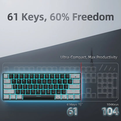 61 Keys Mechanical Gaming Keyboard RGB LED Backlit Compact Wired Red Switches Colorful Keycaps for Desktop Computers