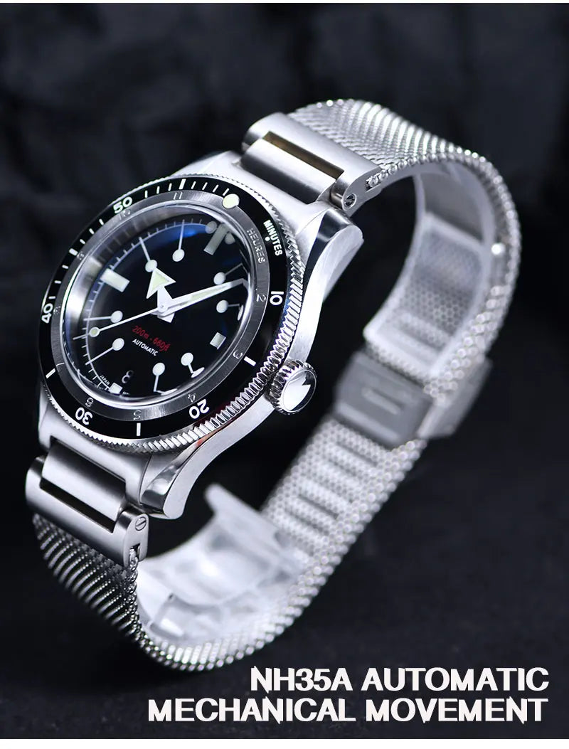 SEA KNIGHT Men 200M Waterproof Diving Watch Sapphire Crystal 316L Steel Mesh Belt C3 Luminous NH35A Automatic Mechanical Watch