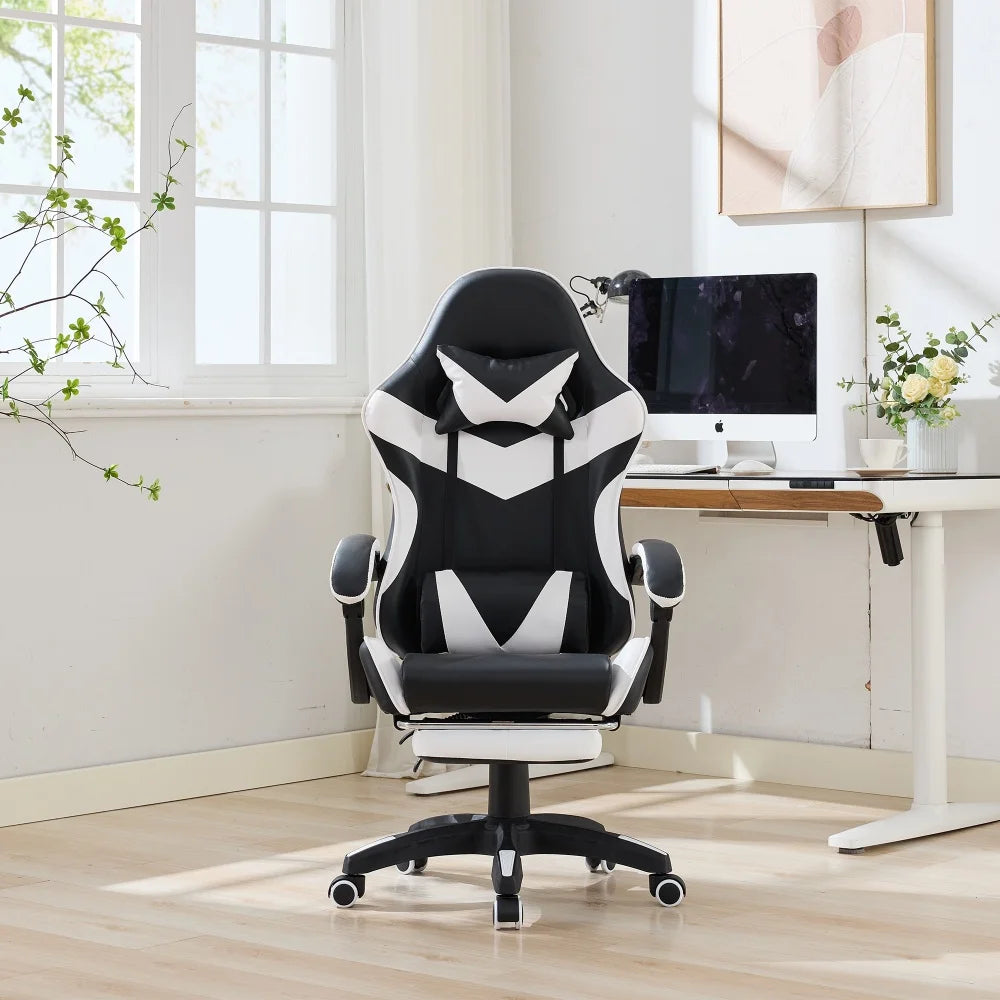 360° Swivel Ergonomic Racing Design Gaming Chair Leather High Back Office Chair Height Adjustable Task Chair, Black & White